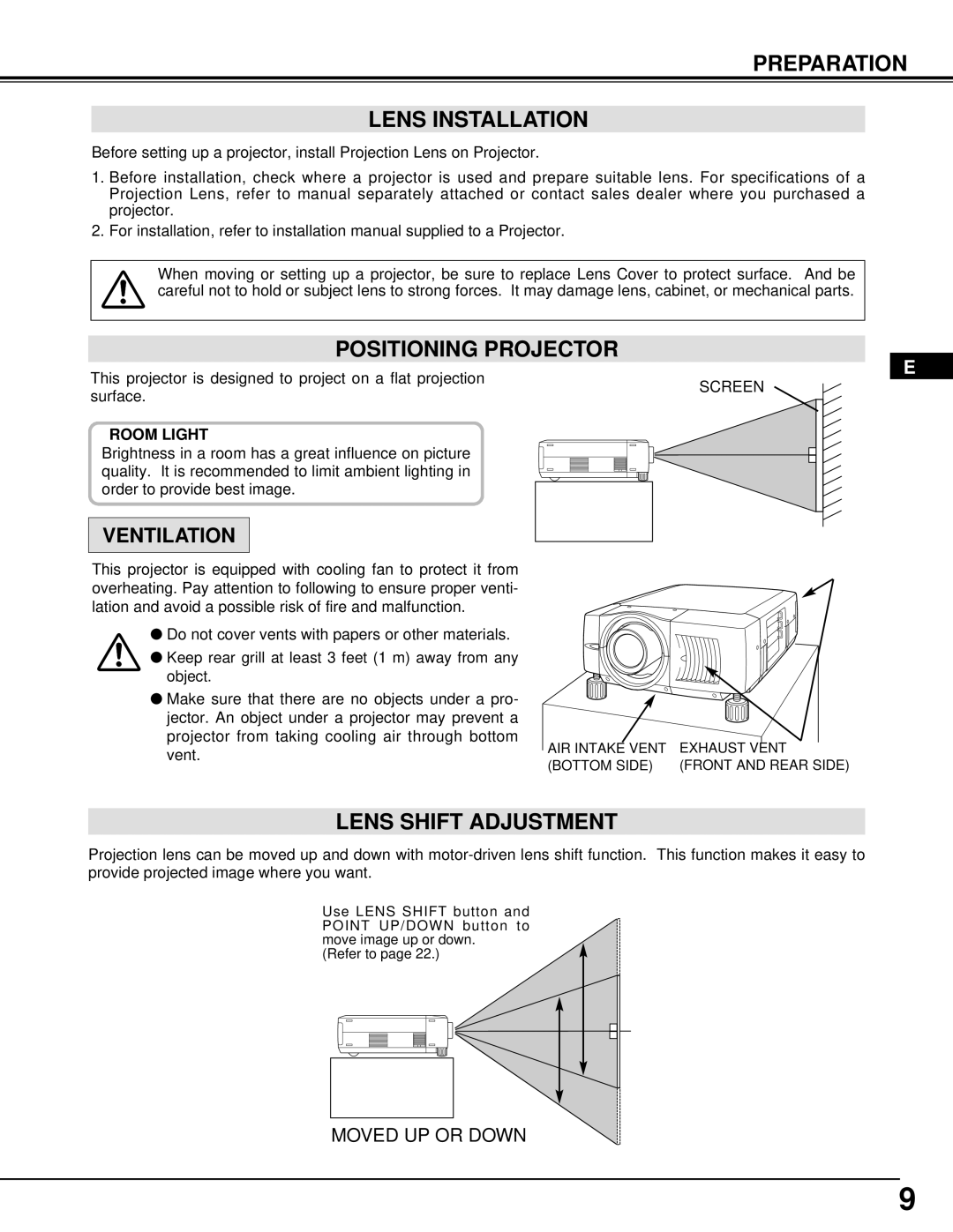 Ask Proxima Pro AV 9500 manual Preparation Lens Installation, Positioning Projector, Lens Shift Adjustment 