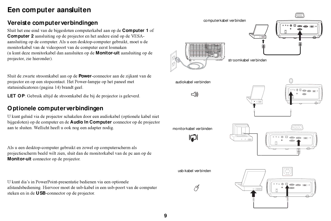 Ask Proxima W2100, W2106, A1300 manual Een computer aansluiten, Vereiste computerverbindingen, Optionele computerverbindingen 