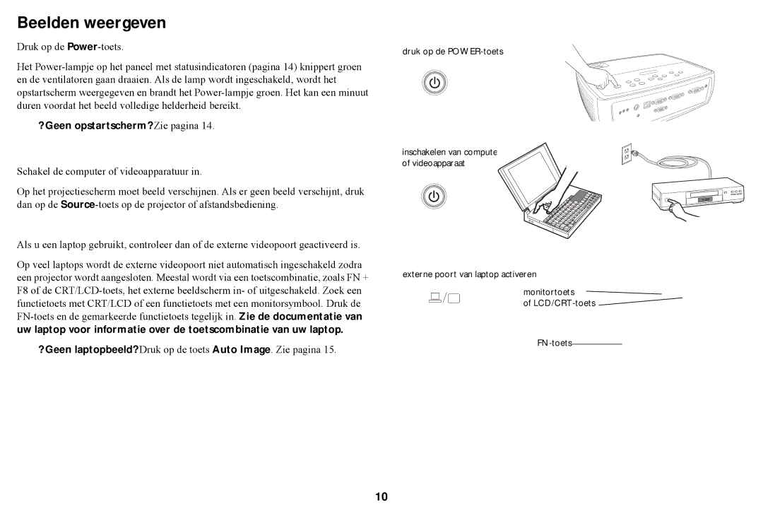 Ask Proxima W2106, W2100, A1300, A1100, A1200 manual Beelden weergeven, ? Geen opstartscherm? Zie pagina 