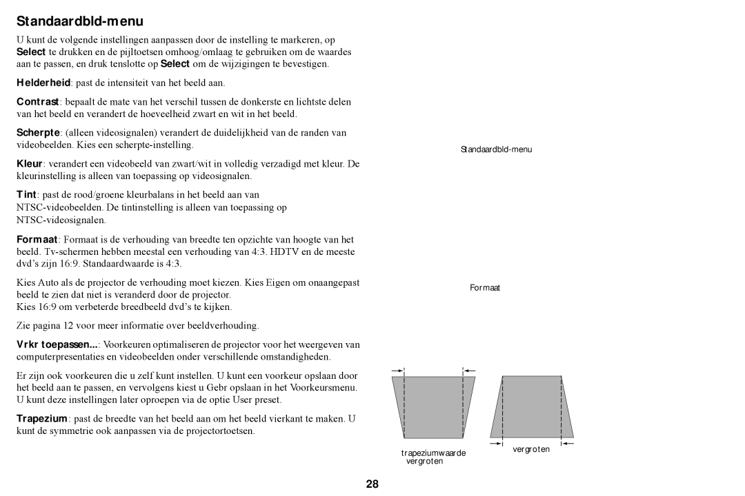 Ask Proxima A1200, W2100, W2106, A1300, A1100 manual Standaardbld-menu 