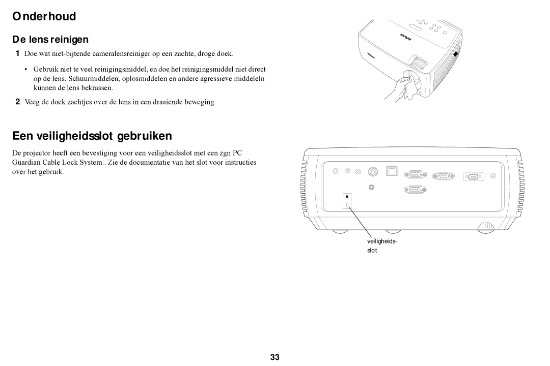 Ask Proxima A1200, W2100, W2106, A1300, A1100 manual Onderhoud, Een veiligheidsslot gebruiken, De lens reinigen 