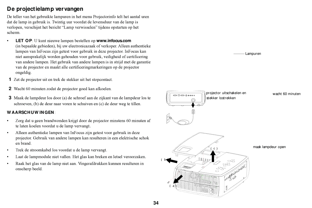 Ask Proxima W2100, W2106, A1300, A1100, A1200 manual De projectielamp vervangen, Waarschuwingen 