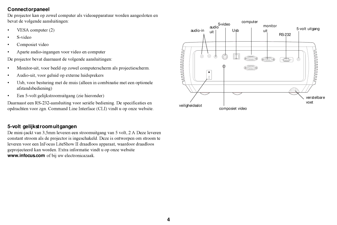 Ask Proxima W2100, W2106, A1300, A1100, A1200 manual Connectorpaneel, Volt gelijkstroomuitgangen 