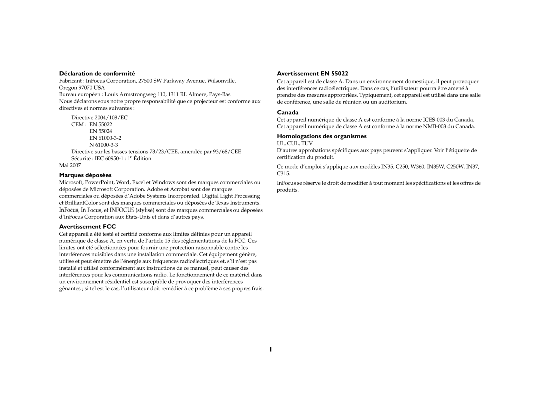 Ask Proxima IN35W, W360, IN37 manual Déclaration de conformité, Marques déposées, Avertissement FCC, Avertissement EN, Canada 