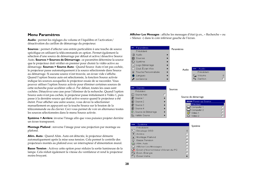 Ask Proxima IN35W, W360, IN37 manual Menu Paramètres 