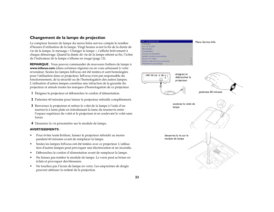 Ask Proxima IN37, W360, IN35W manual Changement de la lampe de projection, Avertissements 