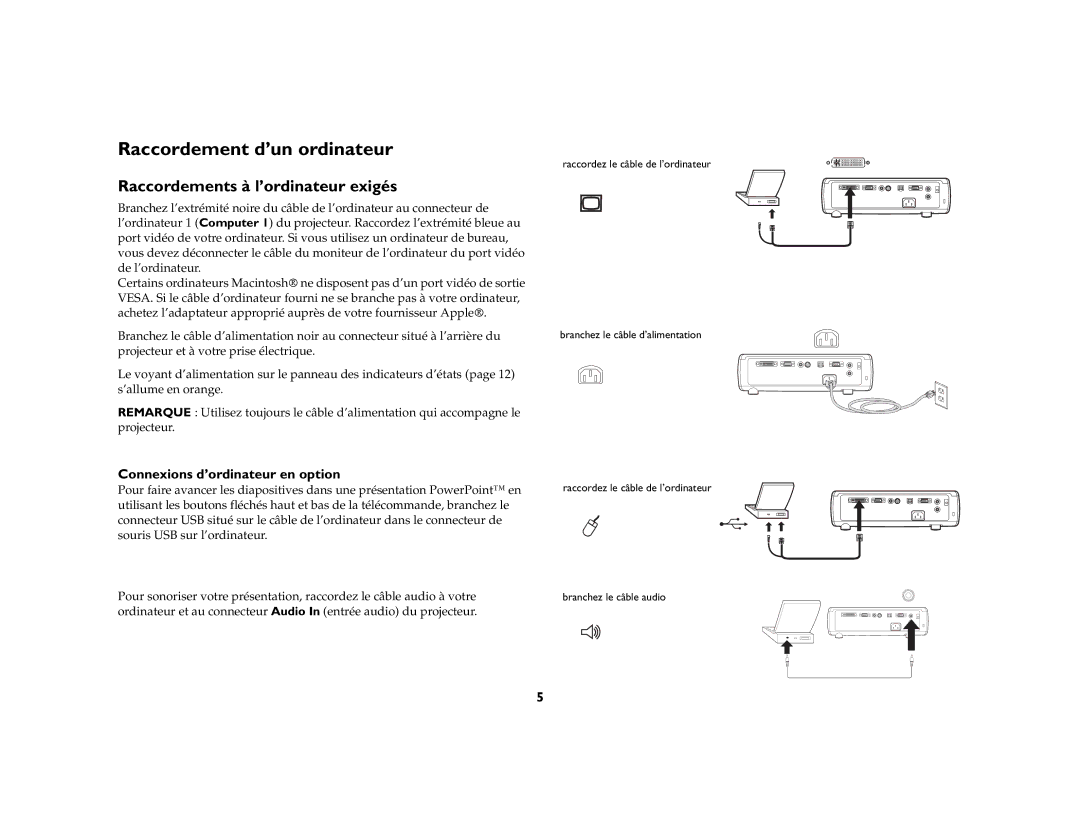 Ask Proxima W360 Raccordement d’un ordinateur, Raccordements à l’ordinateur exigés, Connexions d’ordinateur en option 