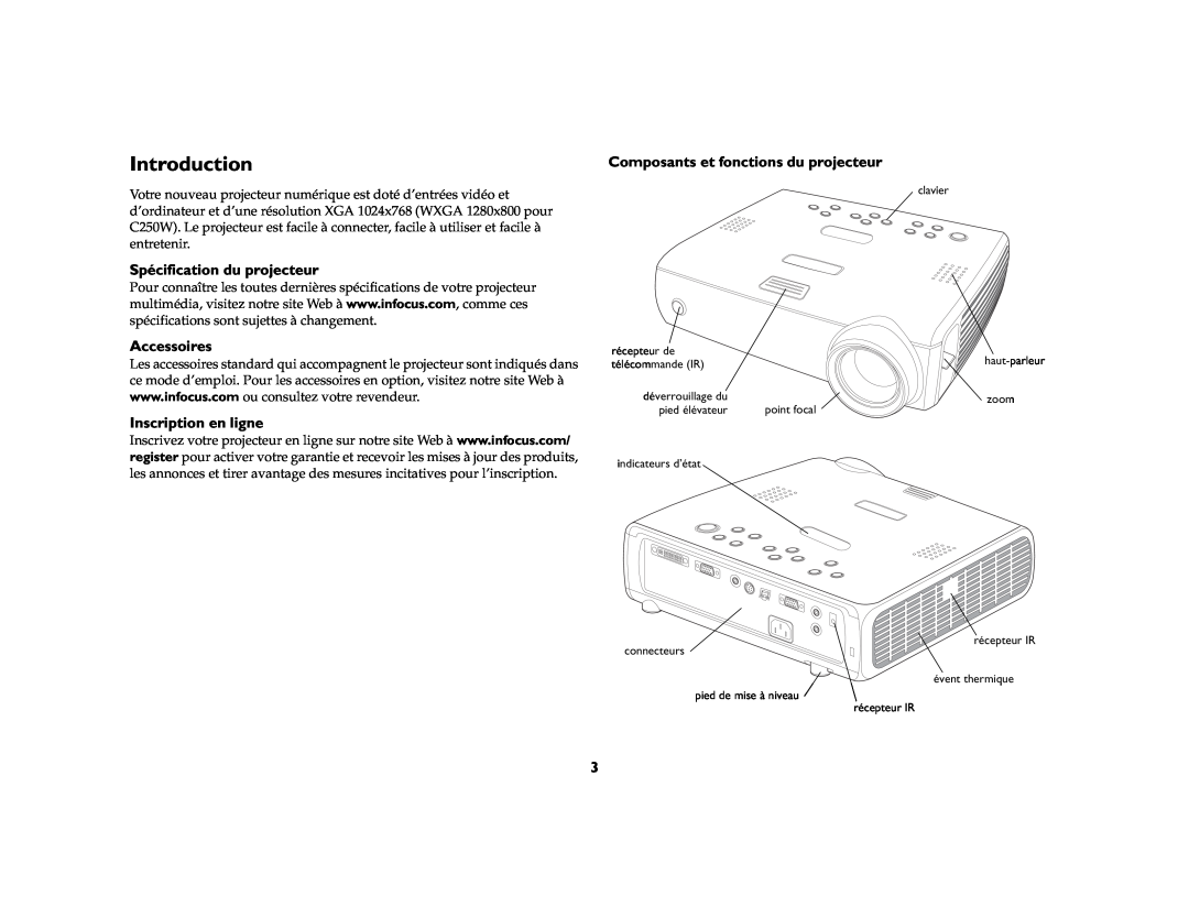 Ask Proxima IN37, W360, IN35W Introduction, Composants et fonctions du projecteur, Spécification du projecteur, Accessoires 