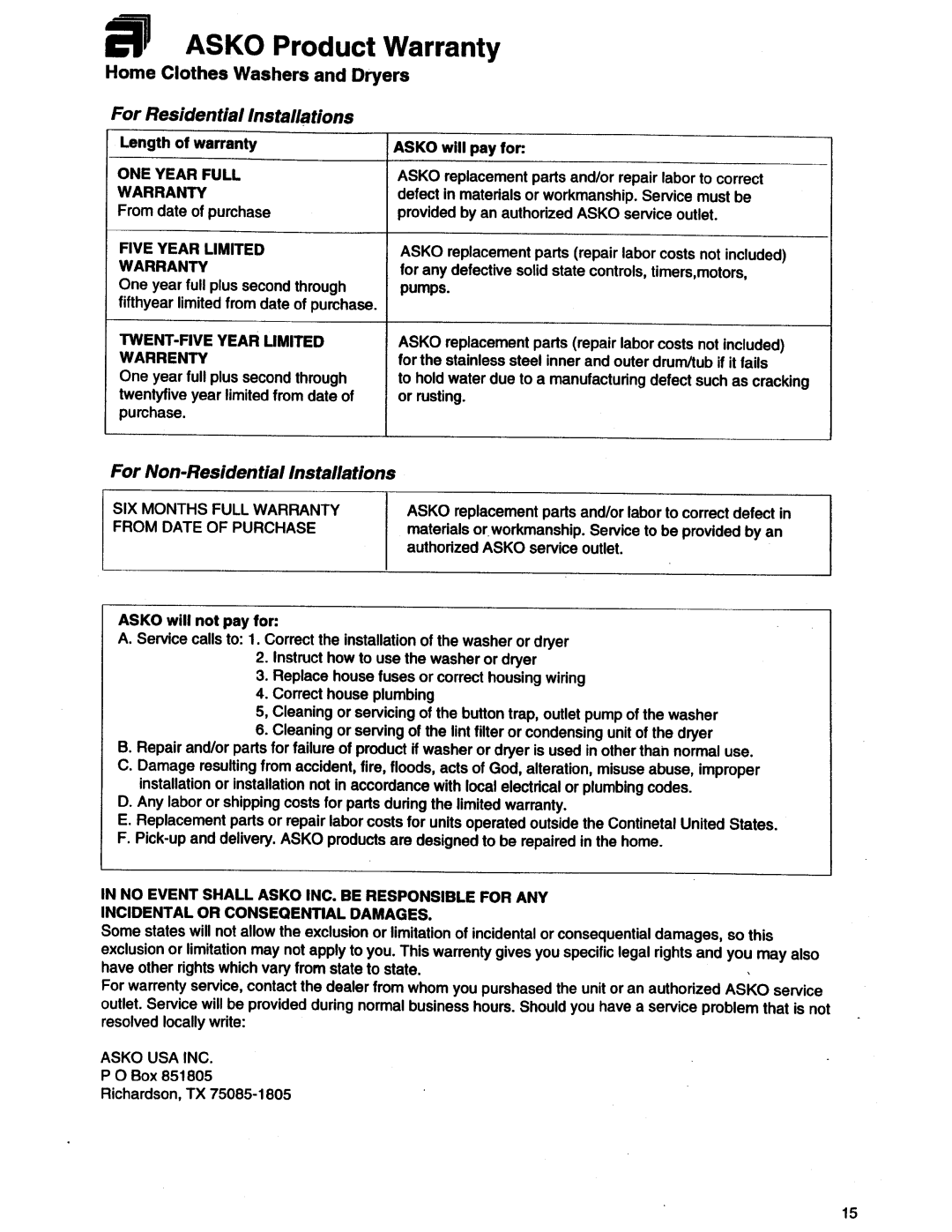 Asko 11505 manual 