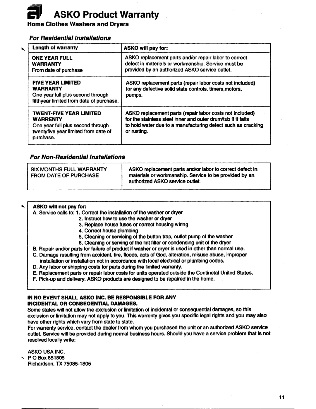 Asko 7005 manual 