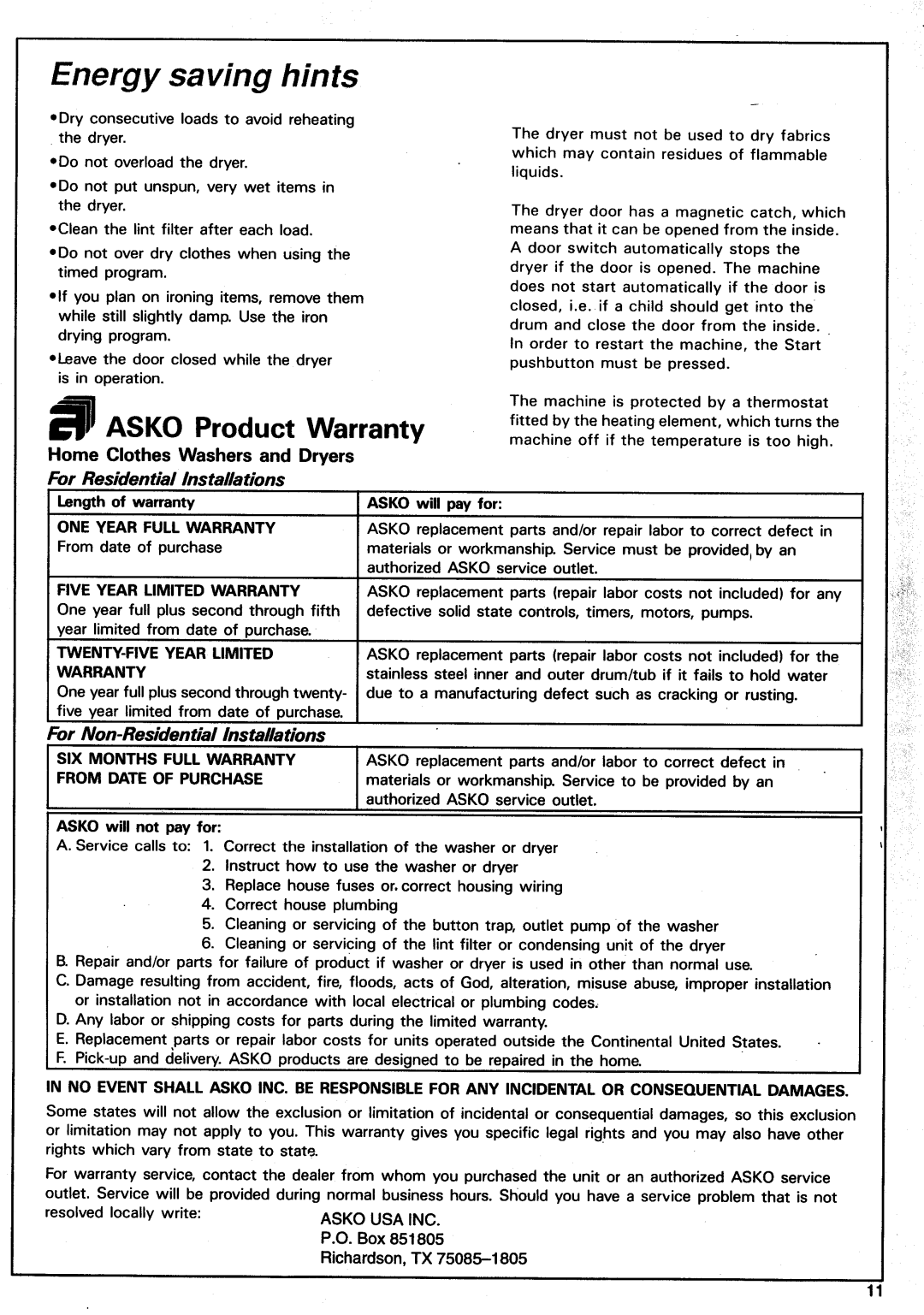 Asko 7304 manual 