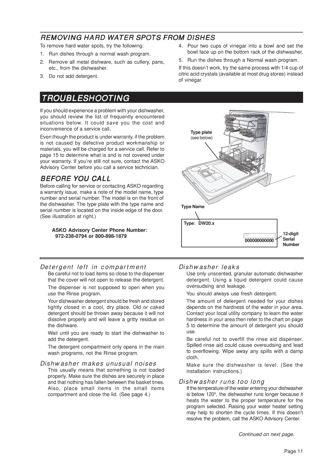 Asko D3112 important safety instructions Troubleshooting, Removing Hard Water Spots from Dishes, Before YOU Call 