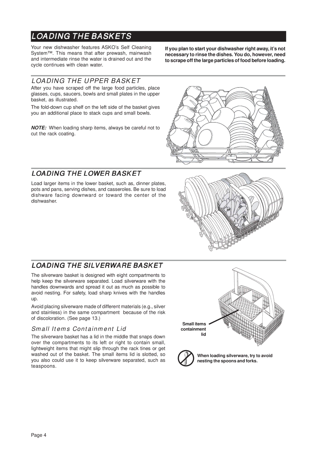 Asko D3112 Loading the Baskets, Loading the Upper Basket, Loading the Lower Basket, Loading the Silverware Basket 