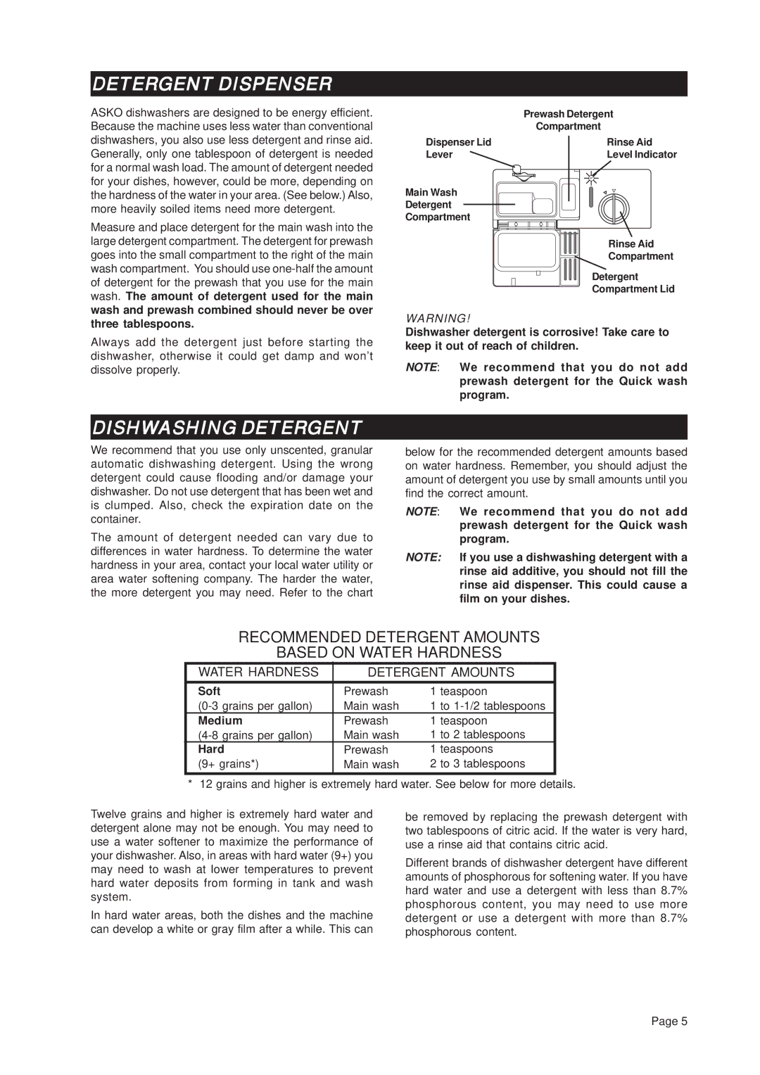 Asko D3112 important safety instructions Detergent Dispenser, Dishwashing Detergent, Soft, Medium, Hard 