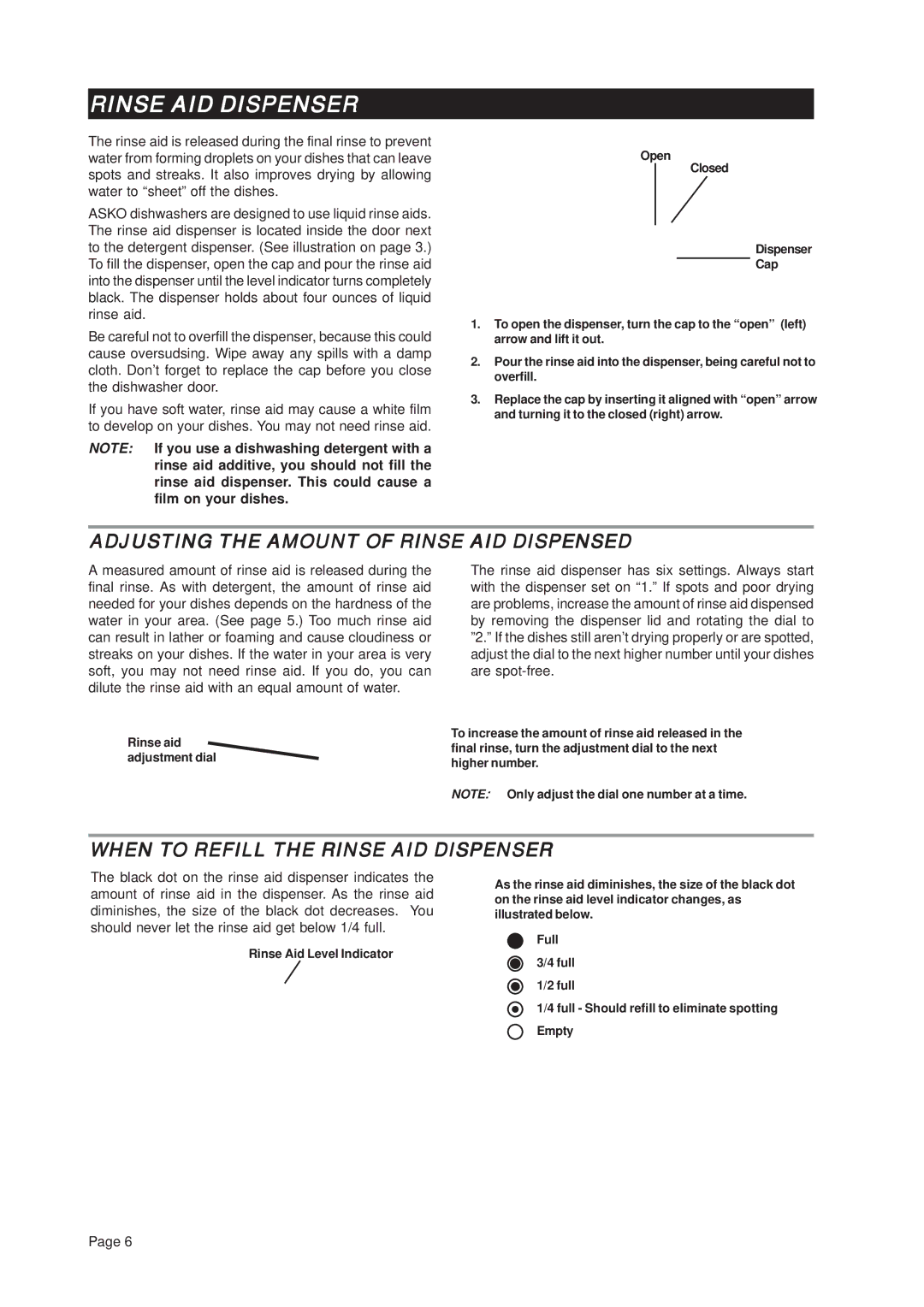 Asko D3112 Adjusting the Amount of Rinse AID Dispensed, When to Refill the Rinse AID Dispenser 