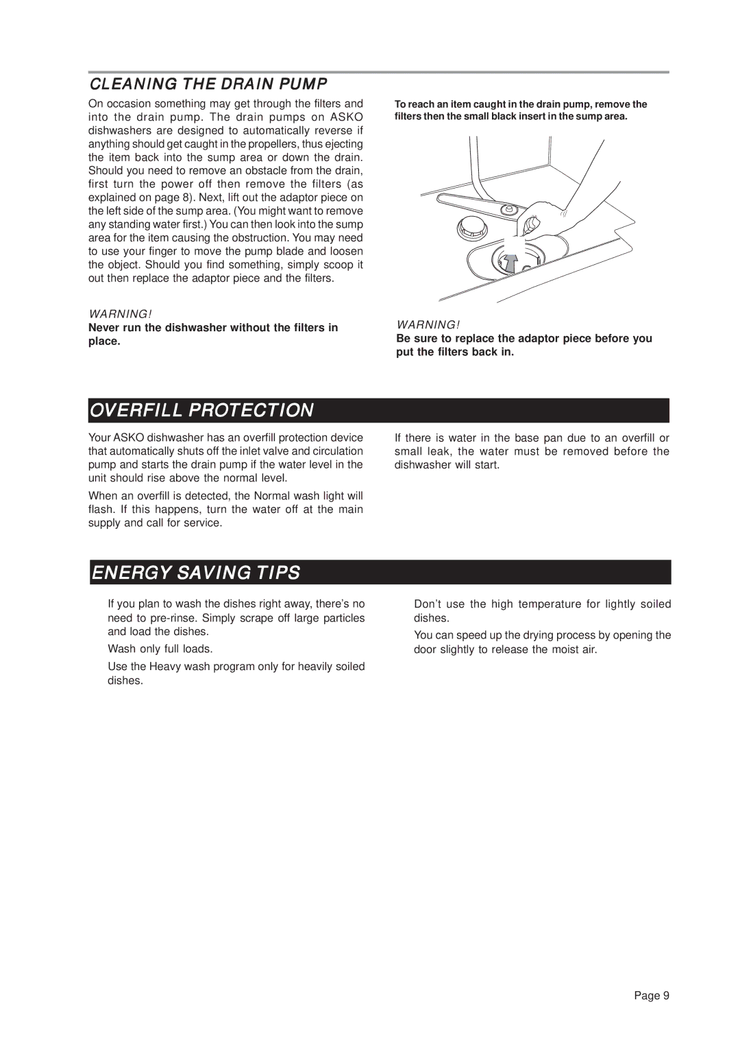 Asko D3112 important safety instructions Overfill Protection, Energy Saving Tips, Cleaning the Drain Pump 