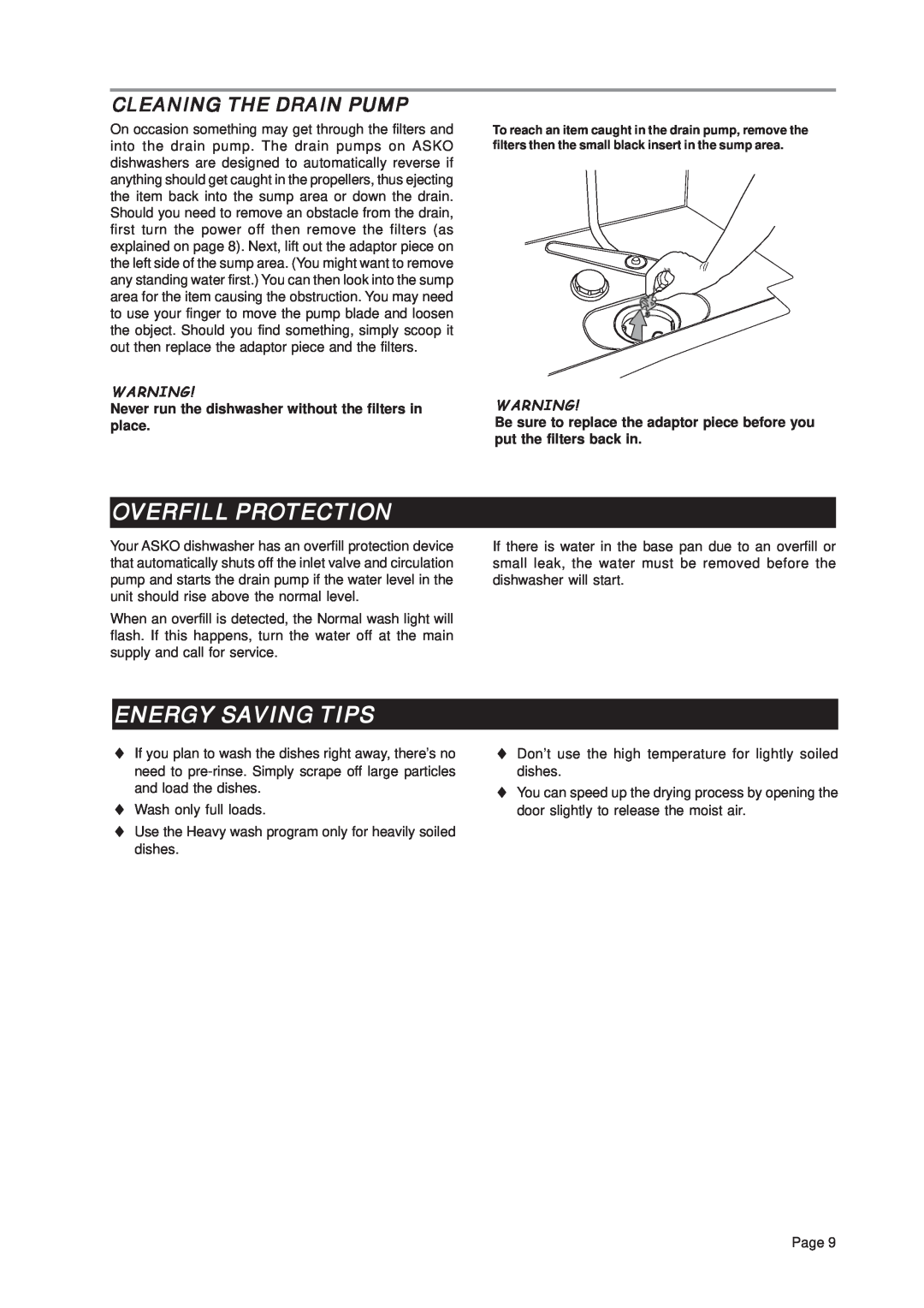 Asko D3112 important safety instructions Overfill Protection, Energy Saving Tips, Cleaning The Drain Pump 