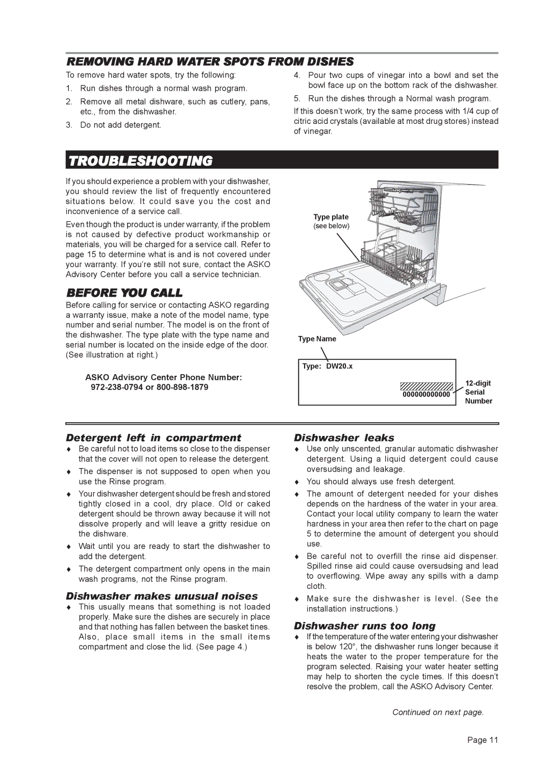 Asko D3121 important safety instructions Troubleshooting, Removing Hard Water Spots from Dishes, Before YOU Call 