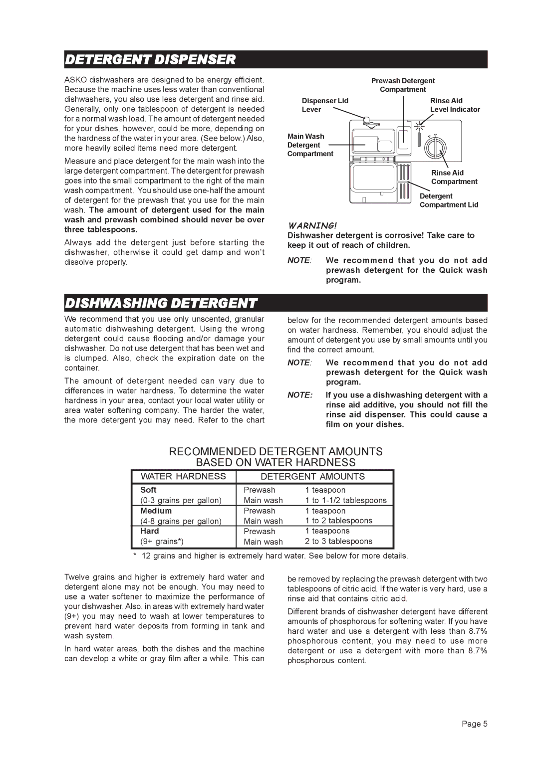 Asko D3121 important safety instructions Detergent Dispenser, Dishwashing Detergent, Soft, Medium, Hard 