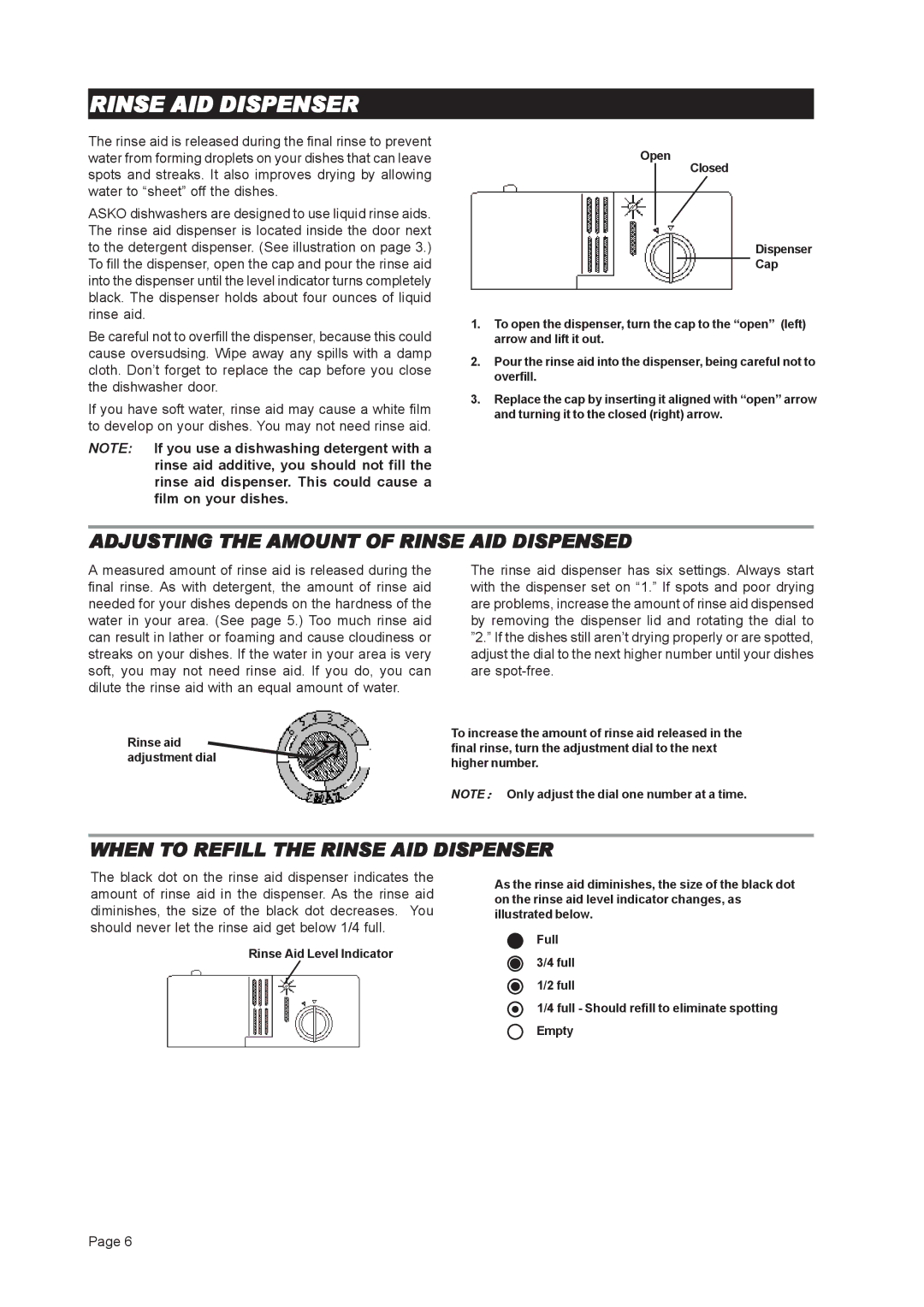 Asko D3121 Adjusting the Amount of Rinse AID Dispensed, When to Refill the Rinse AID Dispenser 