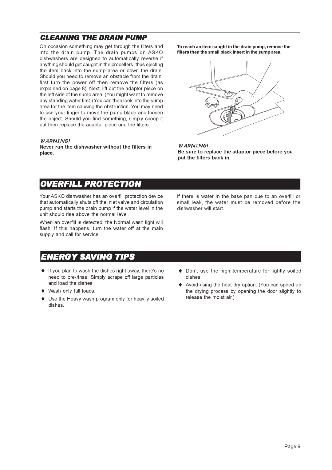 Asko D3121 important safety instructions Overfill Protection, Energy Saving Tips, Cleaning the Drain Pump 