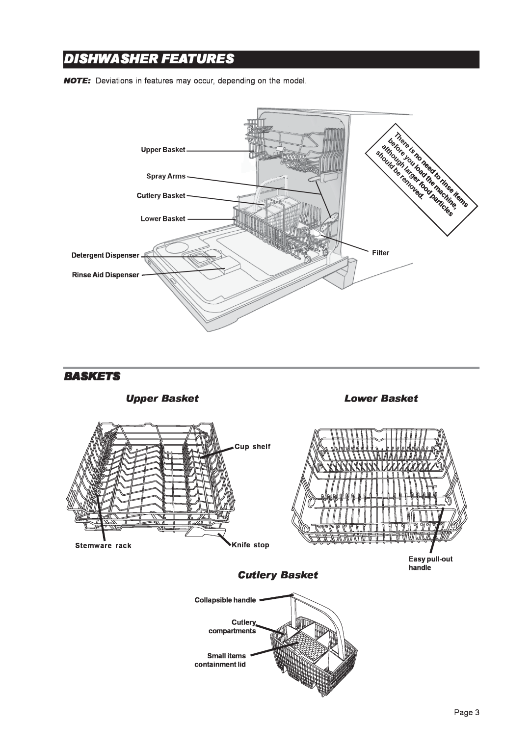 Asko D3121 Dishwasher Features, Baskets, Upper Basket, Lower Basket, Cutlery Basket, beforeis, rinse, particles, although 