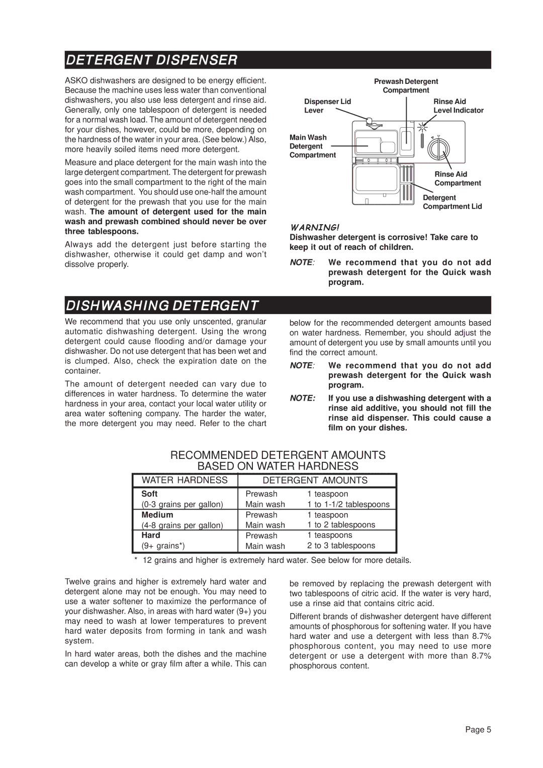 Asko D3122 important safety instructions Detergent Dispenser, Dishwashing Detergent, Soft, Medium, Hard 