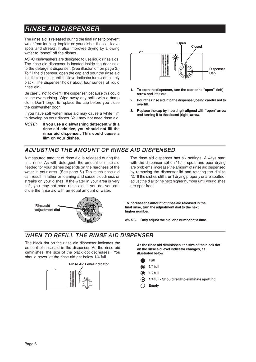 Asko D3122 Adjusting the Amount of Rinse AID Dispensed, When to Refill the Rinse AID Dispenser 