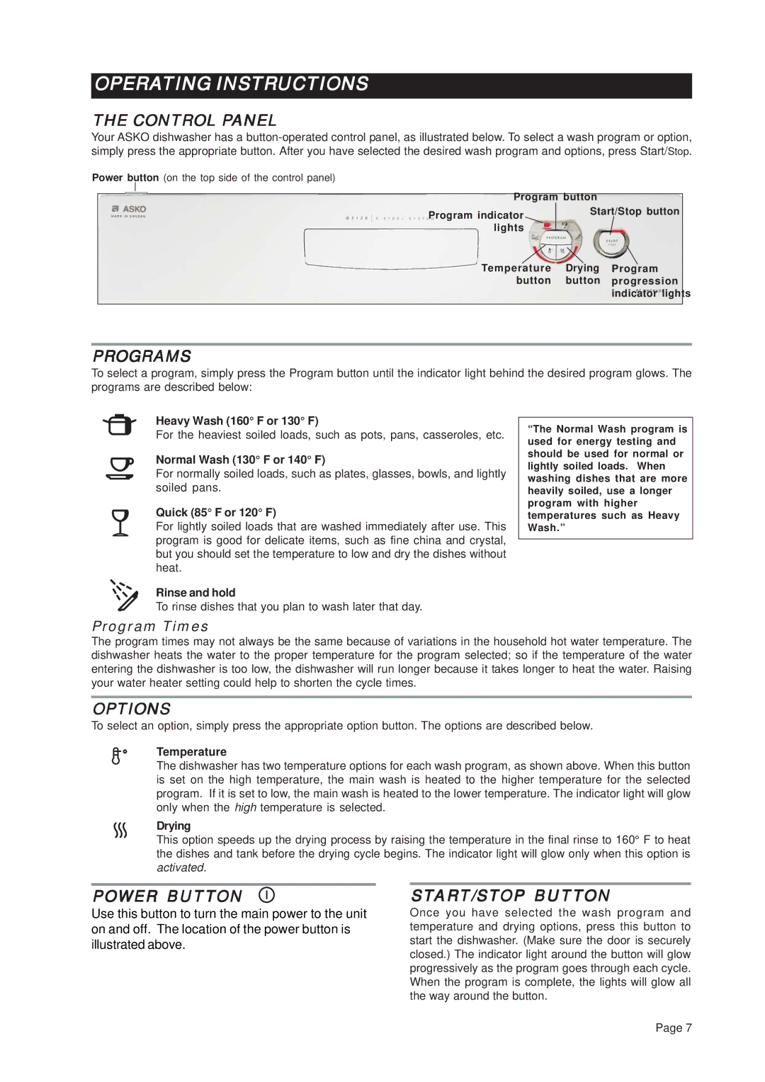 Asko D3122 important safety instructions Operating Instructions 