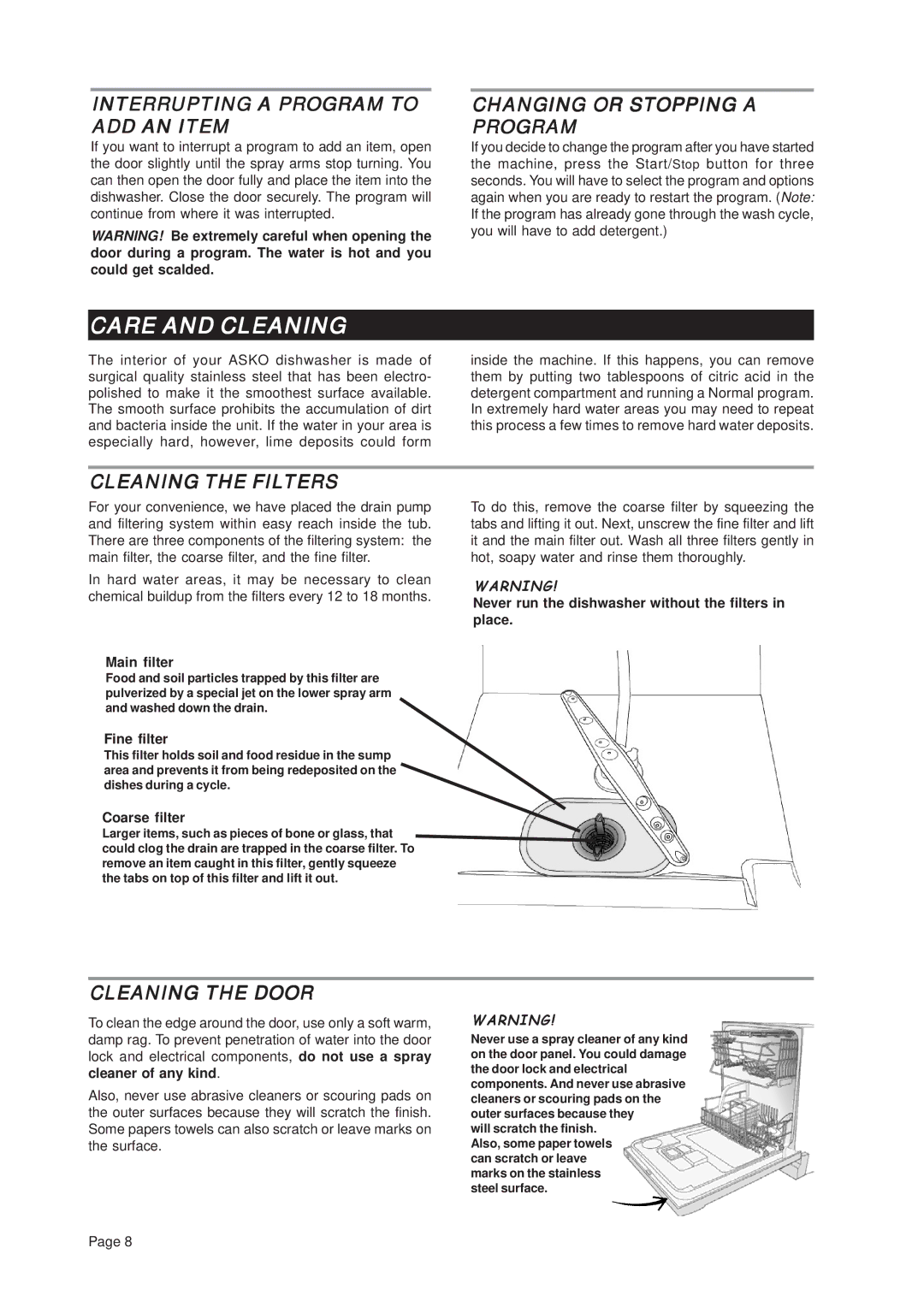 Asko D3122 Care and Cleaning, Interrupting a Program to ADD AN Item, Changing or Stopping a Program, Cleaning the Filters 