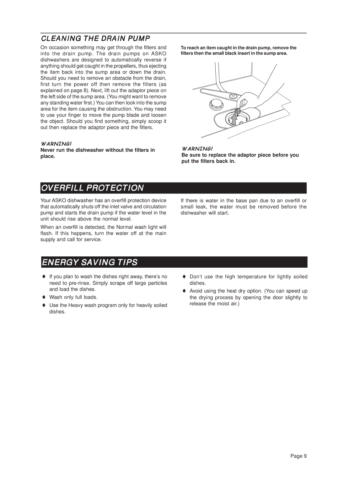 Asko D3122 important safety instructions Overfill Protection, Energy Saving Tips, Cleaning the Drain Pump 