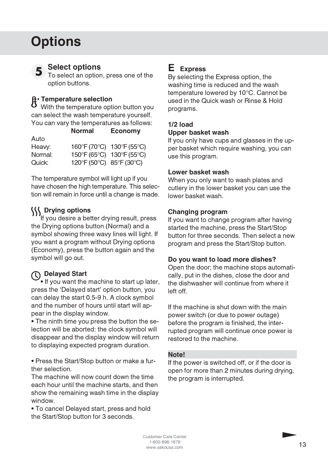 Asko D3152 manual Options, Select options 