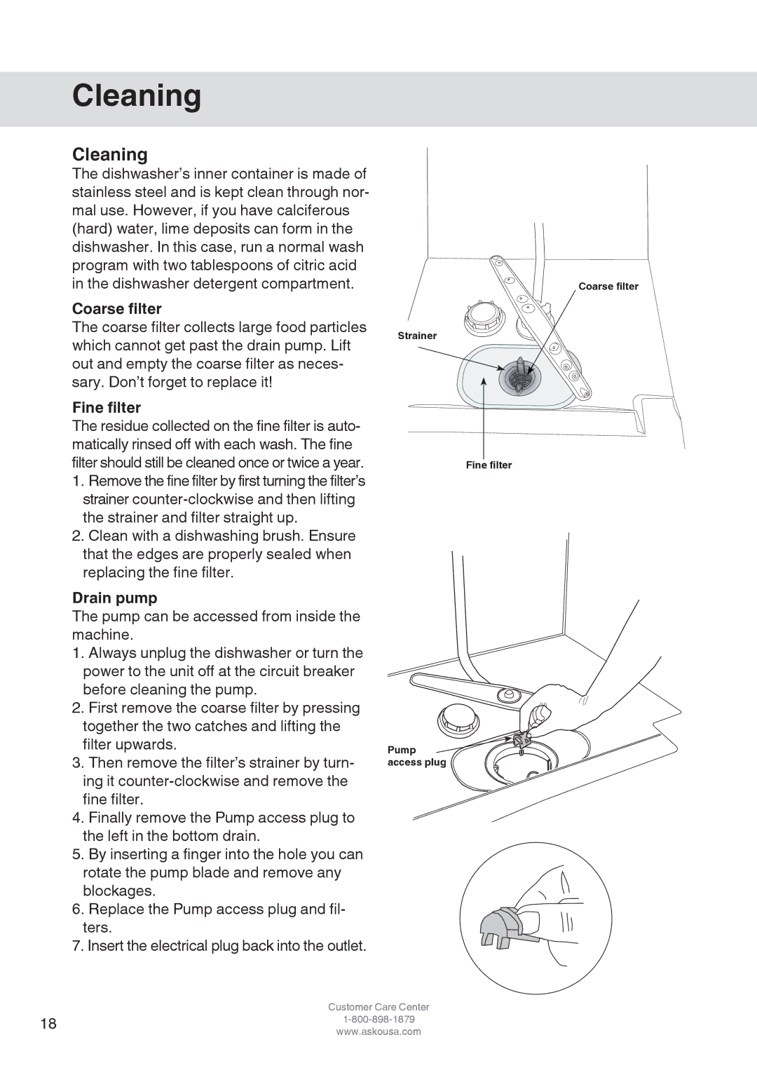 Asko D3152 manual Cleaning, Coarse filter, Fine filter, Drain pump 