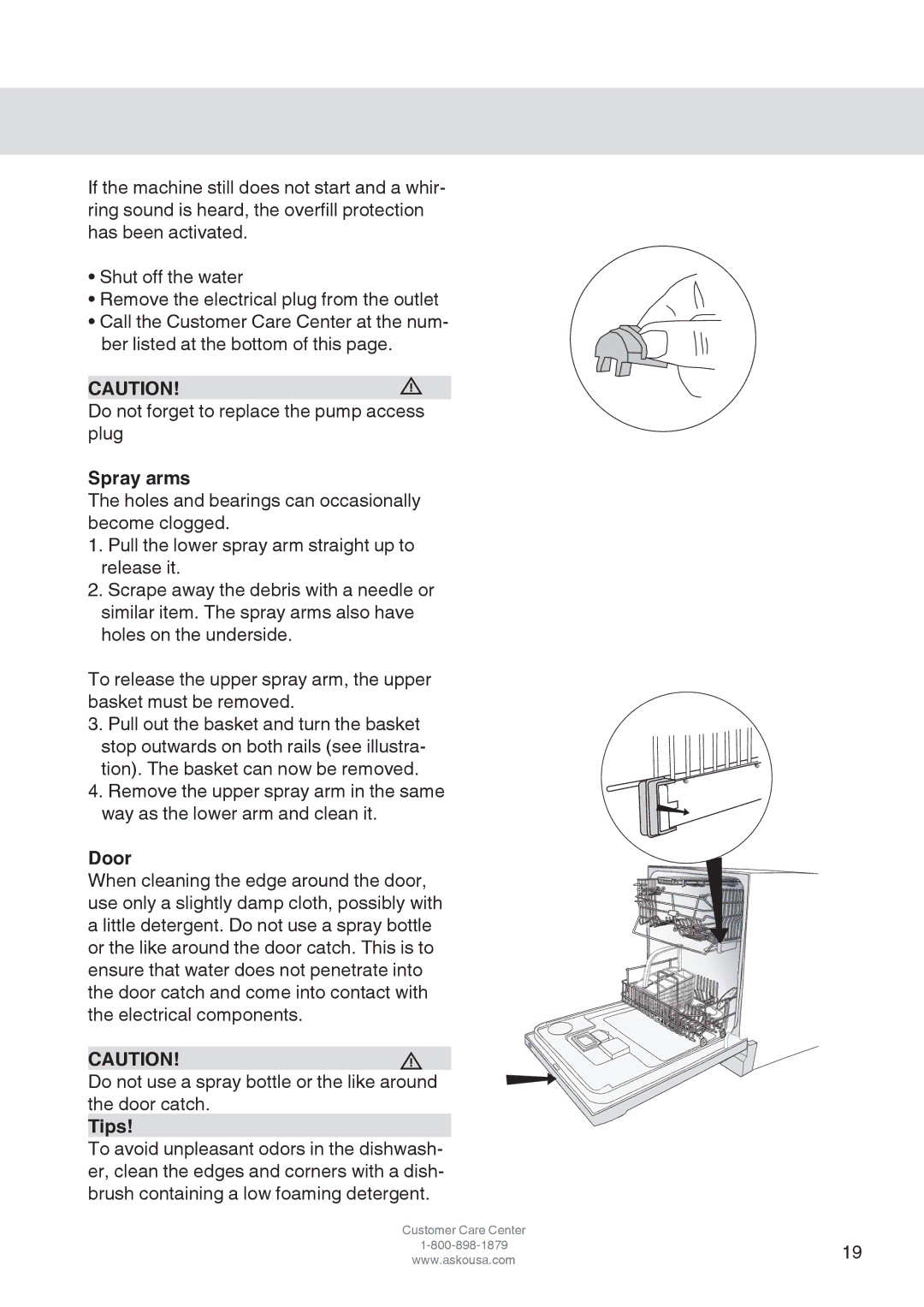 Asko D3152 manual Spray arms, Door, Tips 