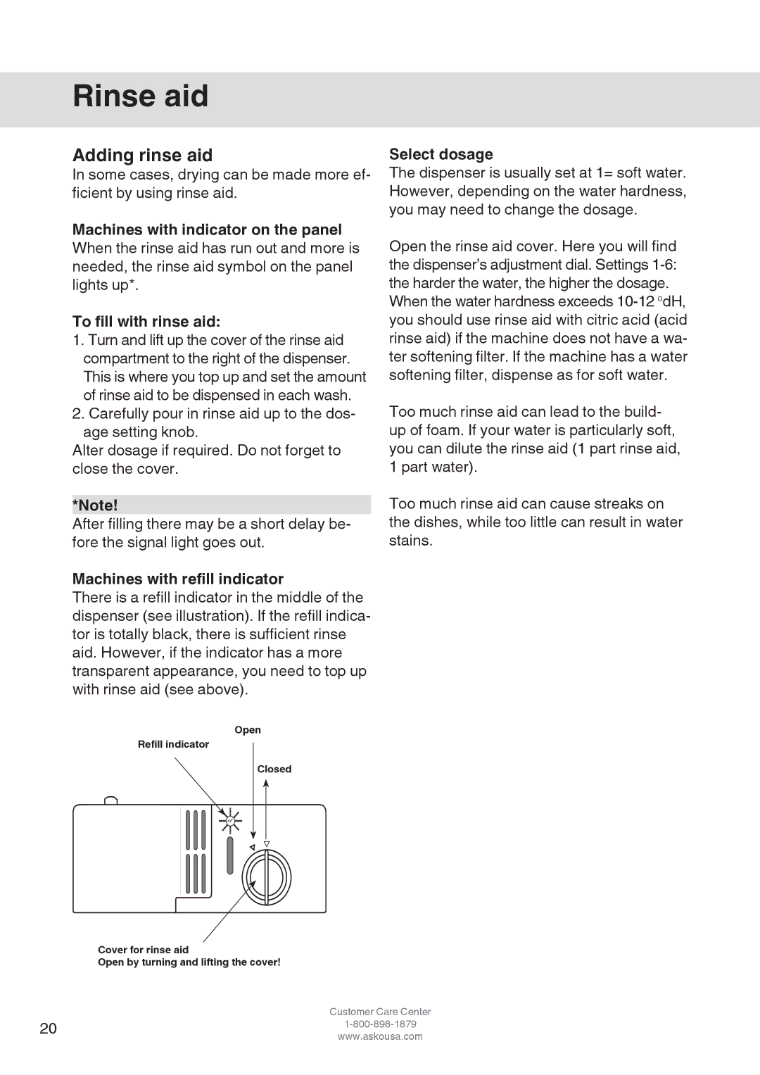 Asko D3152 manual Rinse aid, Adding rinse aid, To fill with rinse aid, Machines with refill indicator, Select dosage 