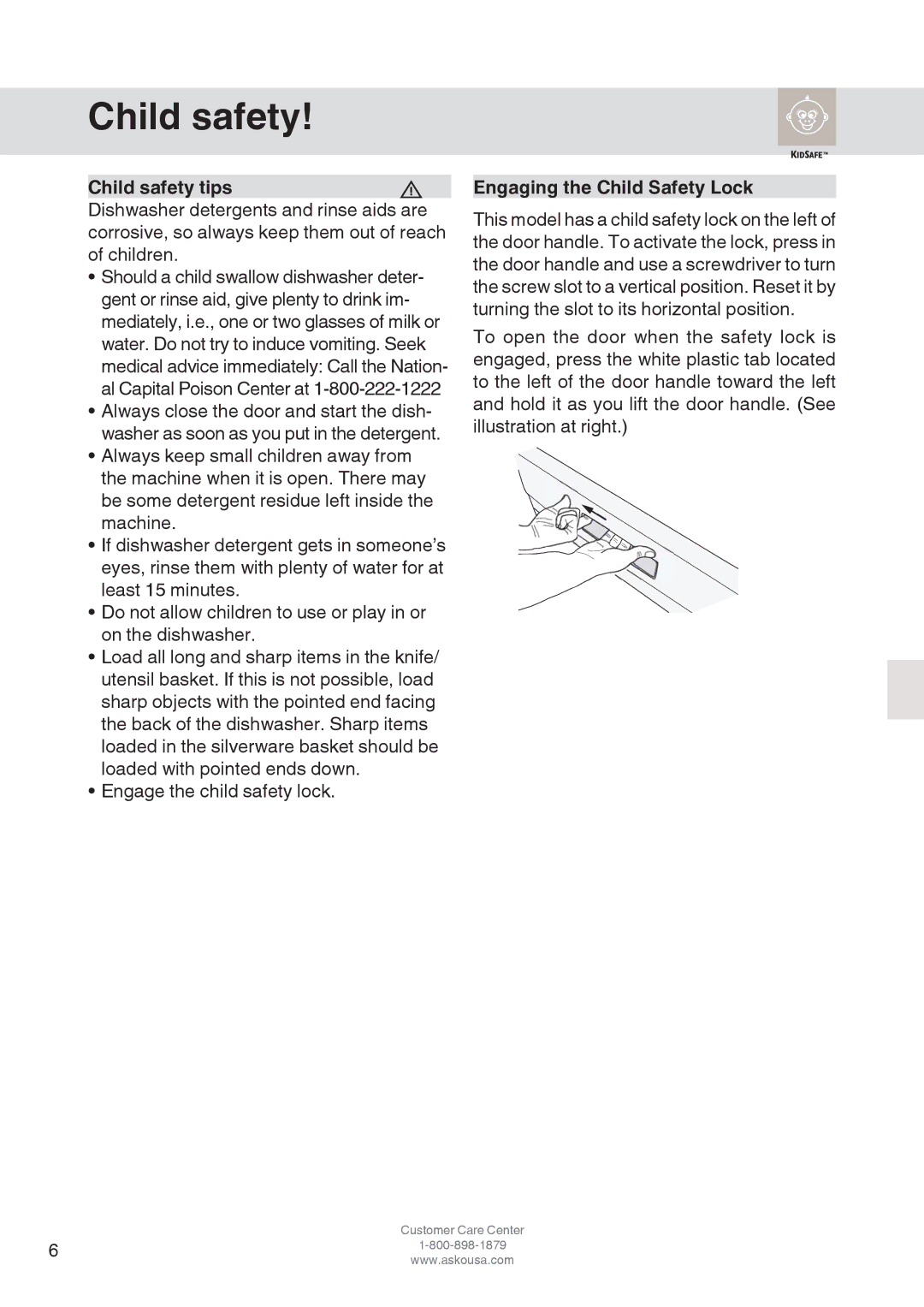 Asko D3152 manual Child safety, Engaging the Child Safety Lock 