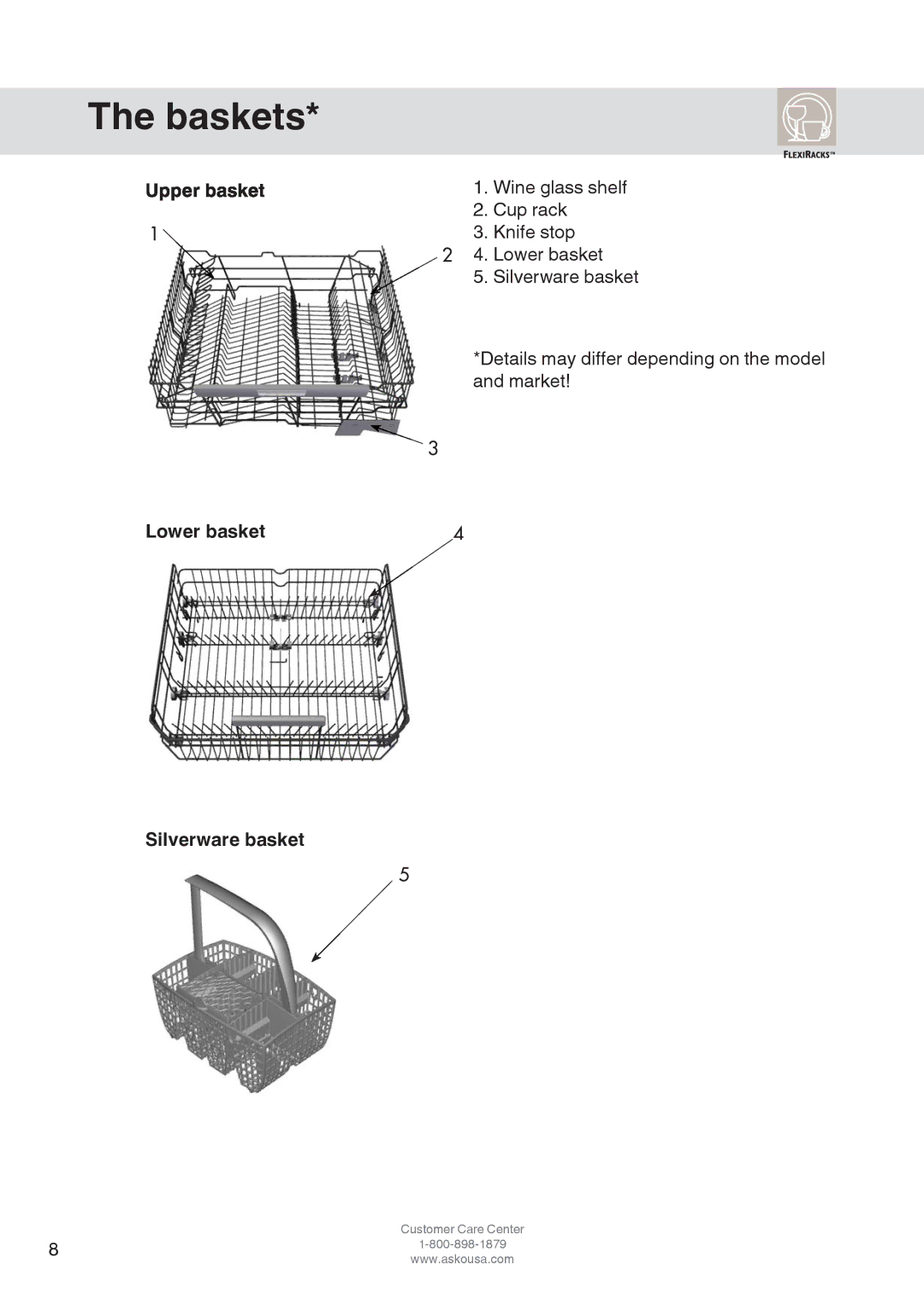 Asko D3152 manual Baskets, Lower basket Silverware basket 