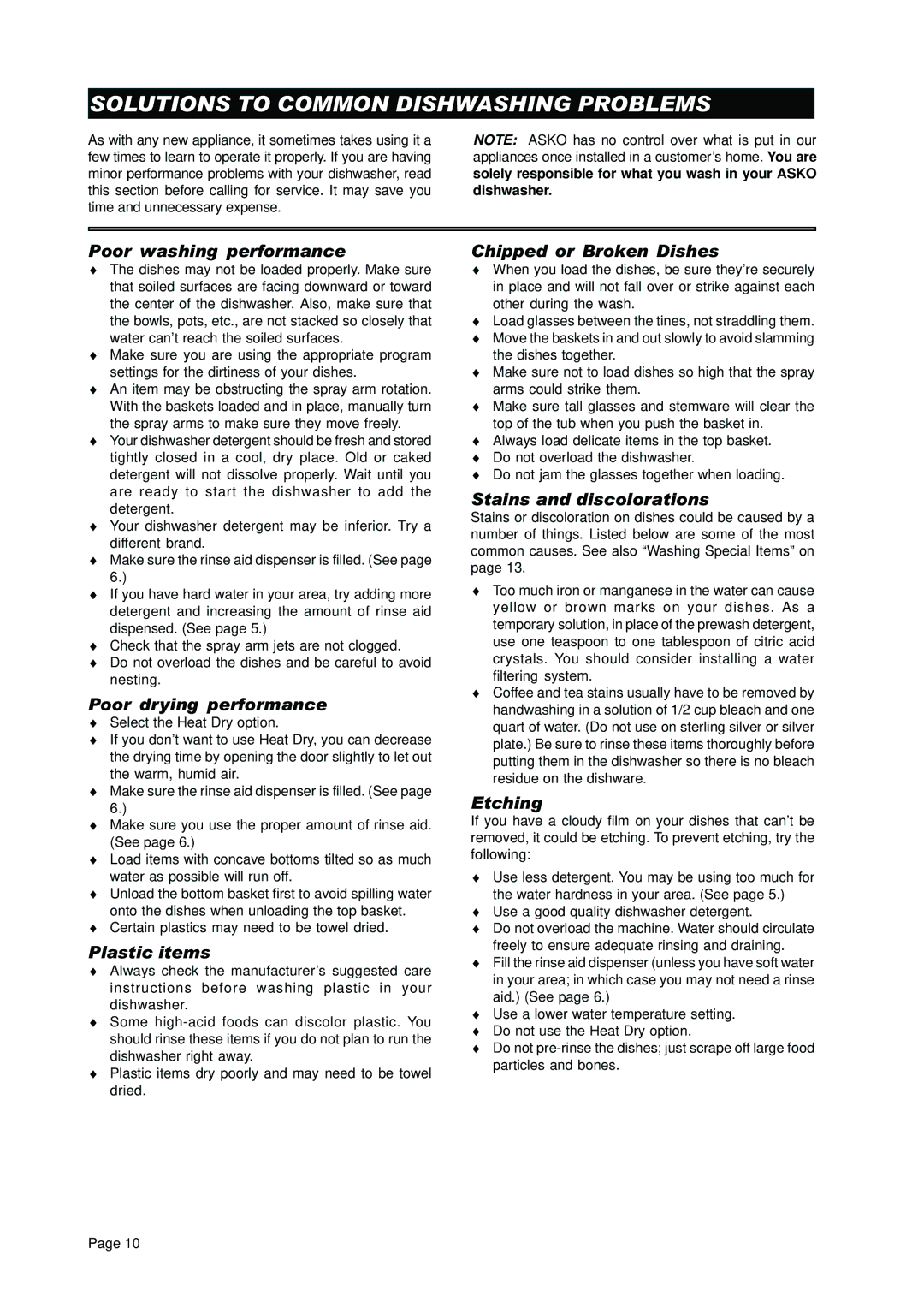 Asko D3250 operating instructions Solutions to Common Dishwashing Problems 