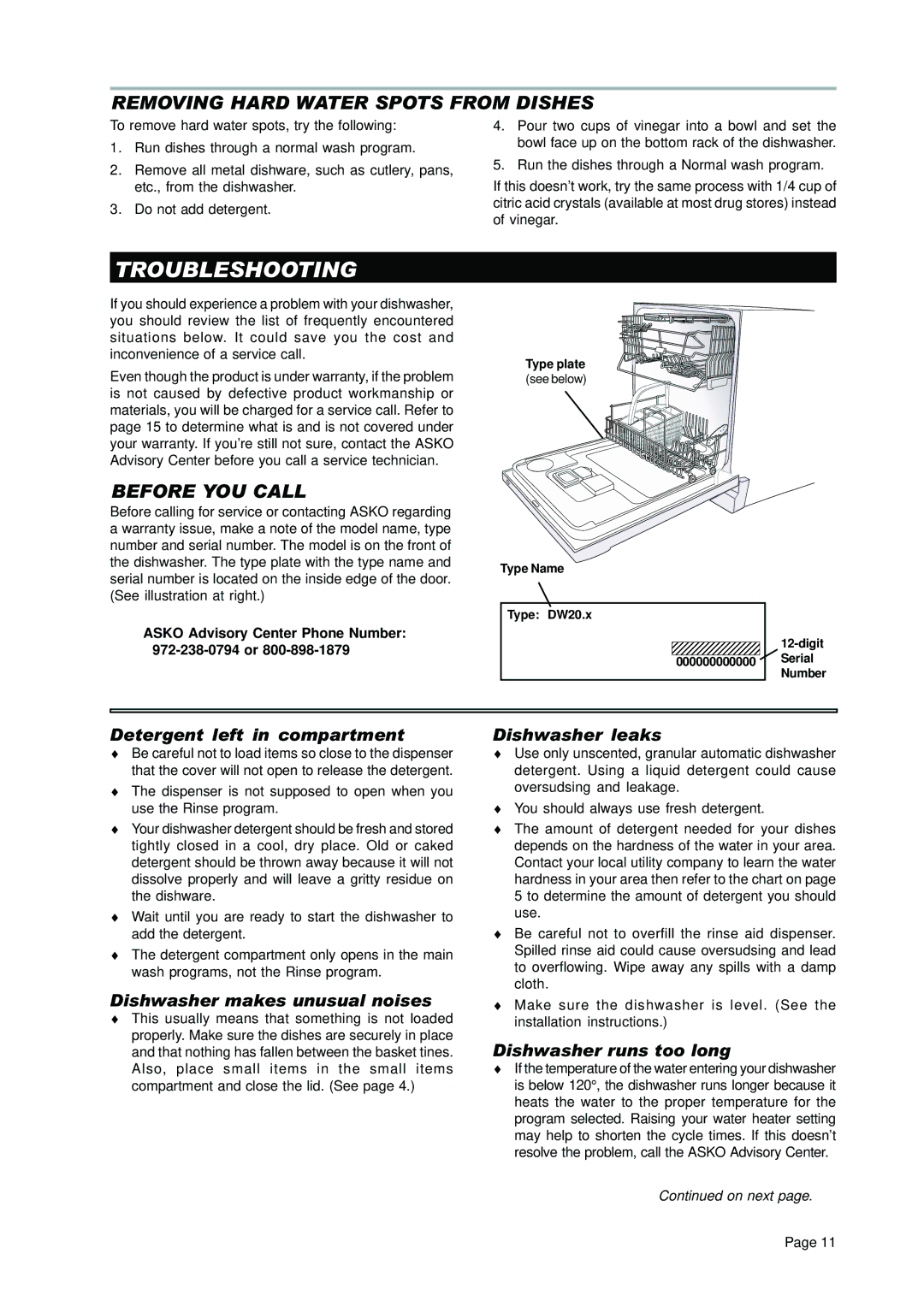 Asko D3250 operating instructions Troubleshooting, Removing Hard Water Spots from Dishes, Before YOU Call 