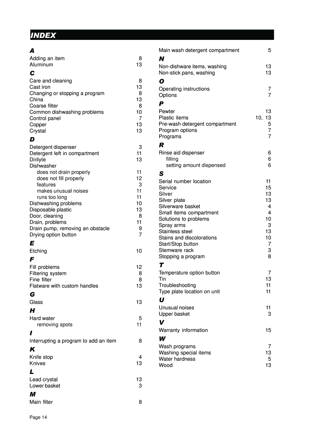 Asko D3250 operating instructions Index, 11 S 