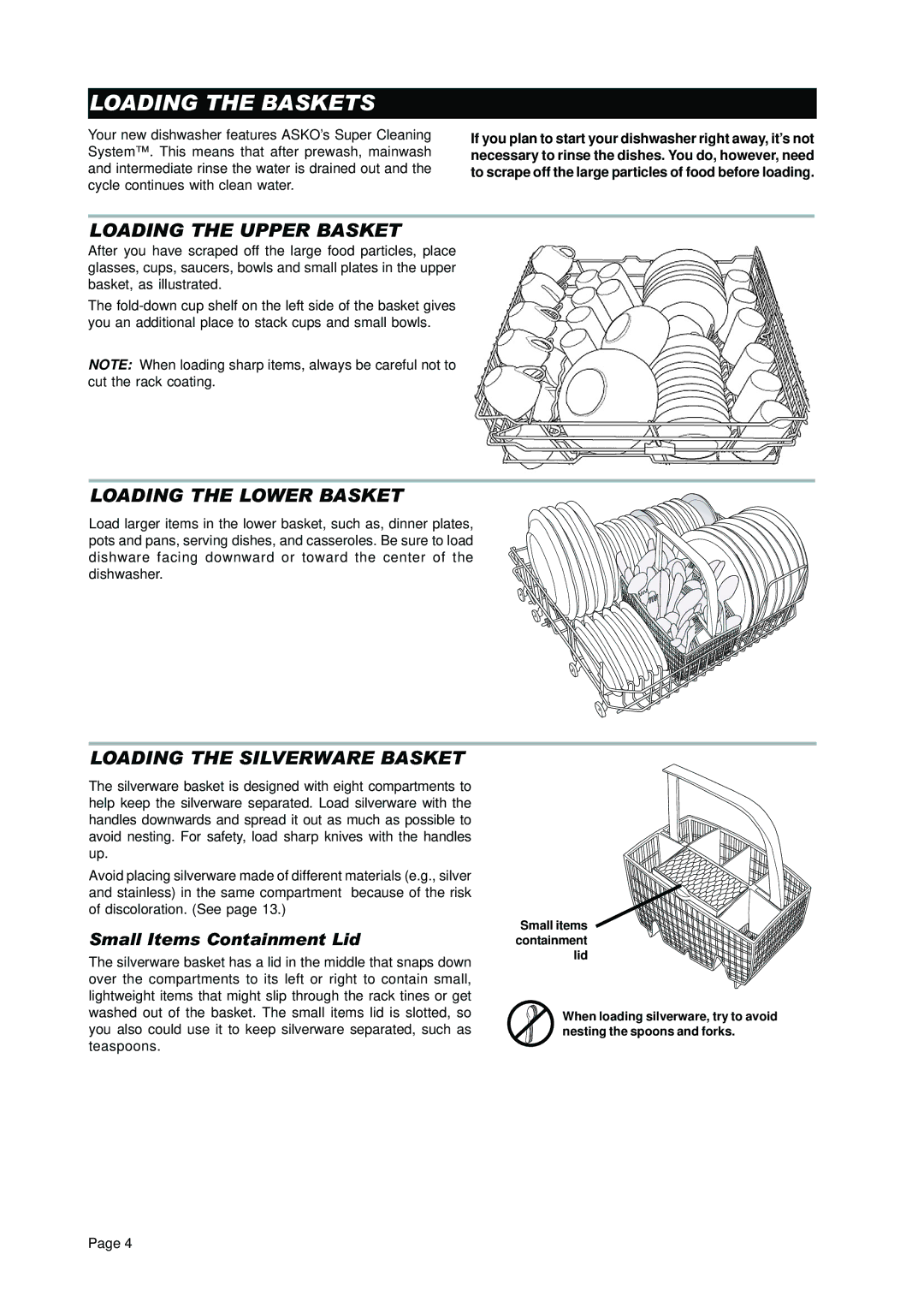 Asko D3250 Loading the Baskets, Loading the Upper Basket, Loading the Lower Basket, Loading the Silverware Basket 