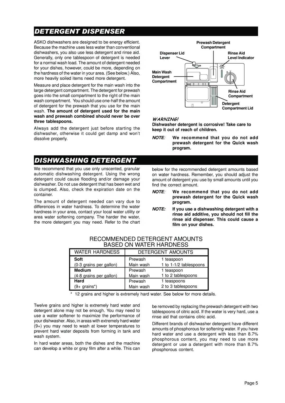 Asko D3250 operating instructions Detergent Dispenser, Dishwashing Detergent, Soft, Medium, Hard 