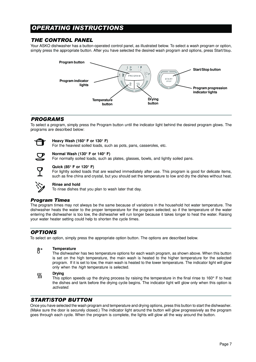 Asko D3250 operating instructions Operating Instructions, Control Panel, Programs, Options, START/STOP Button 
