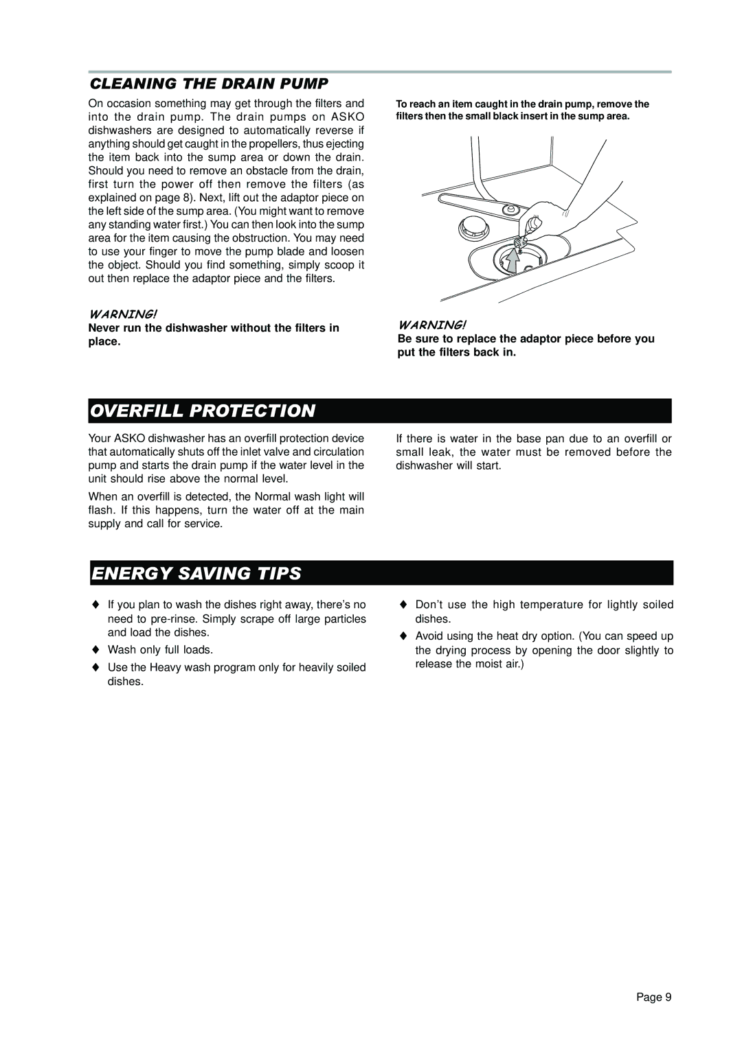 Asko D3250 operating instructions Overfill Protection, Energy Saving Tips, Cleaning the Drain Pump 