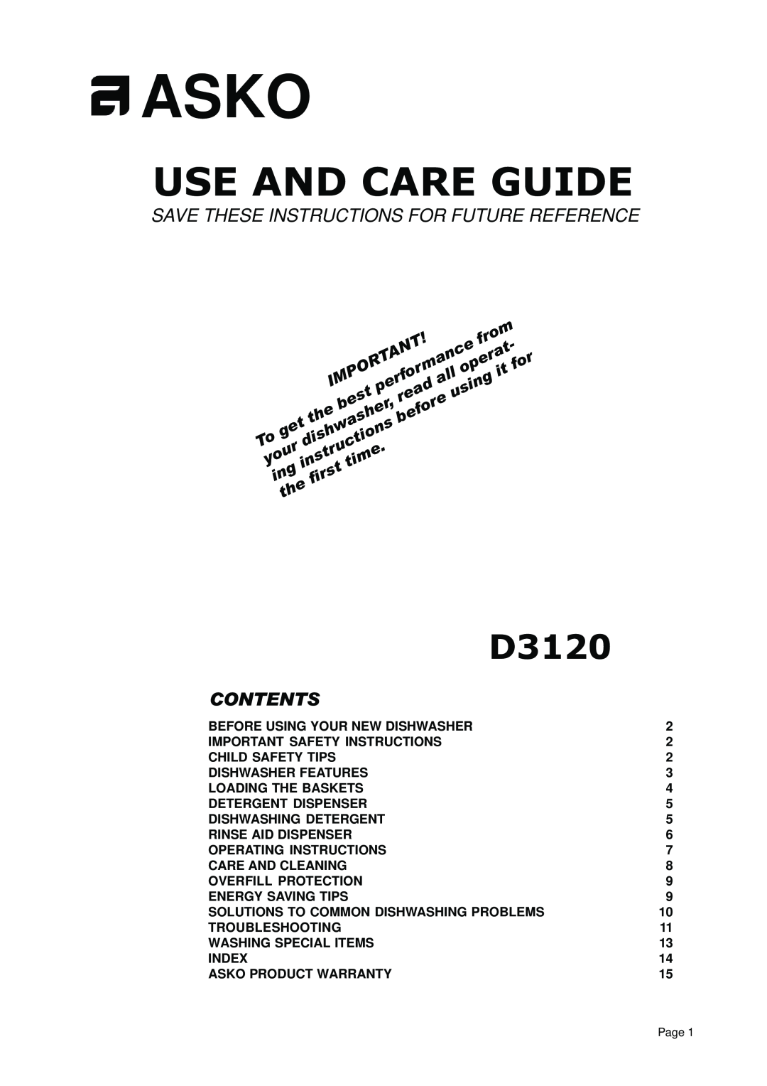 Asko D3250 operating instructions Asko, Use And Care Guide, D3120, Save These Instructions For Future Reference, Contents 