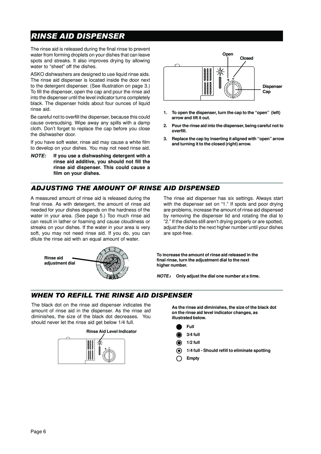 Asko D3250 operating instructions Adjusting The Amount Of Rinse Aid Dispensed, When To Refill The Rinse Aid Dispenser 