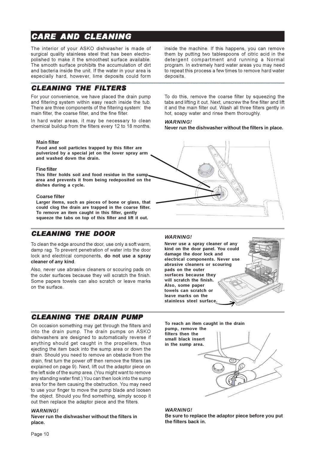 Asko D3251 Care and Cleaning, Cleaning the Filters, Cleaning the Door, Cleaning the Drain Pump 