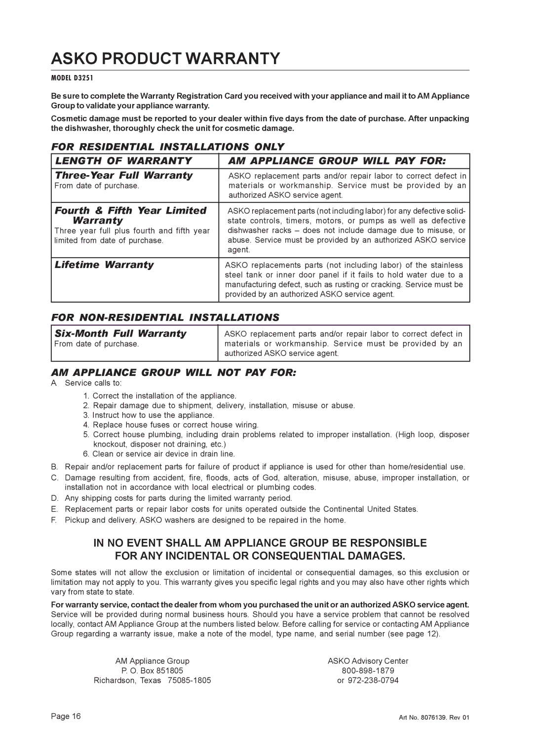 Asko D3251 important safety instructions Fourth & Fifth Year Limited Warranty, Lifetime Warranty 