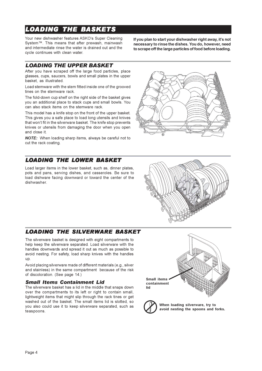 Asko D3251 Loading the Baskets, Loading the Upper Basket, Loading the Lower Basket, Loading the Silverware Basket 