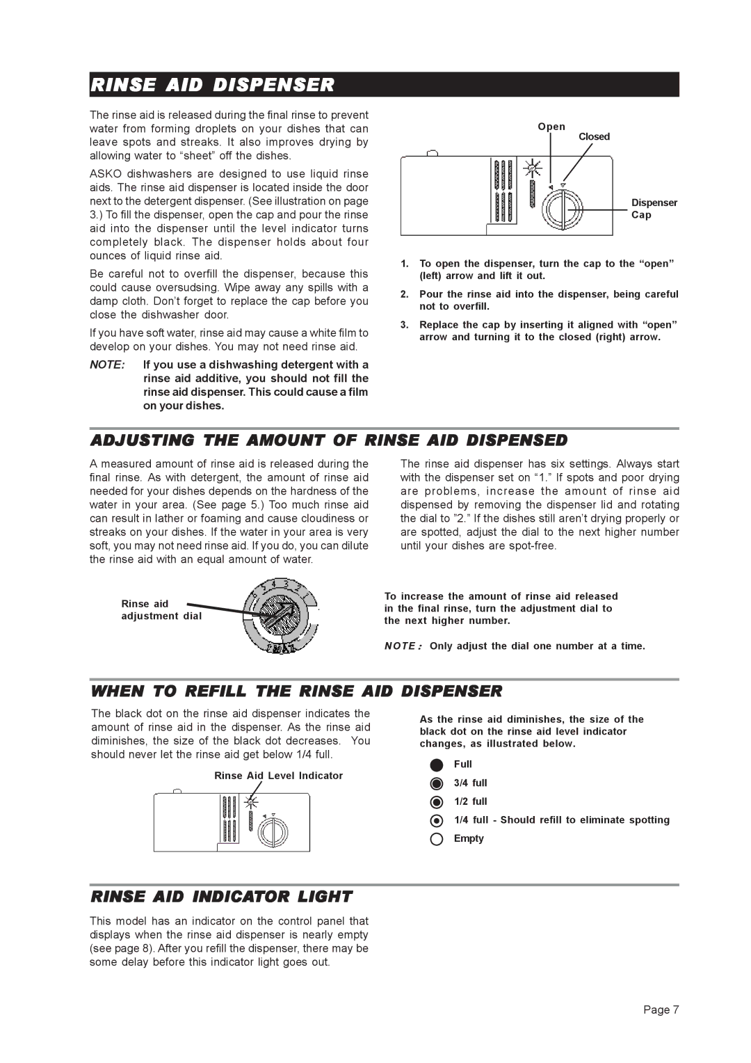 Asko D3251 Adjusting the Amount of Rinse AID Dispensed, When to Refill the Rinse AID Dispenser 